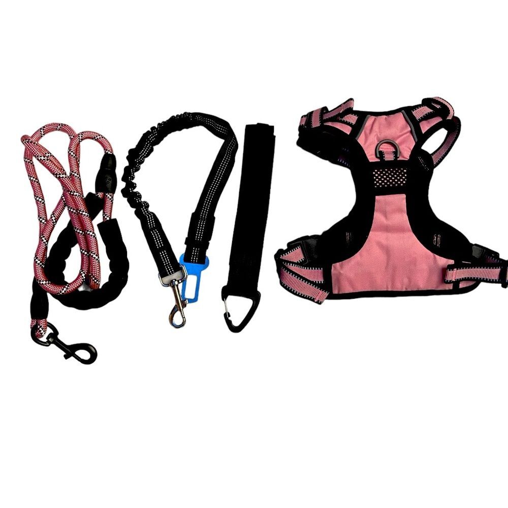 New pink dog leash, harnesses ,car safe belt ,keychain set of 4 pieces